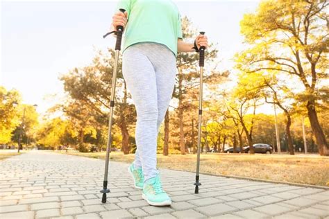 Mature Woman Walking Poles Color Background Stock Photo Serezniy