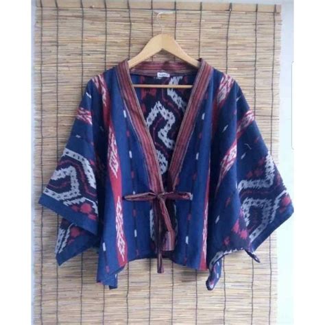 Jual Batwing Blazer Outer Atasan Wanita Batik Tenun Ethnik Toraja Navi