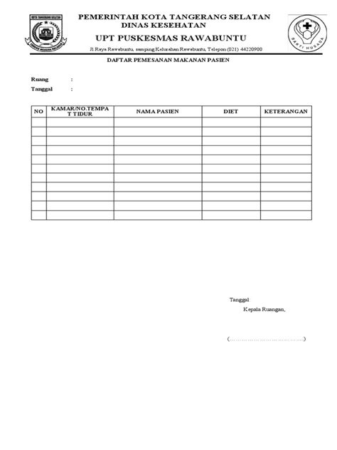 Form Daftar Pemesanan Makanan Pasien Pdf