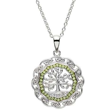 Platinum Plated Tree Of Life Pendant With Clear And Peridot Swarovski ...