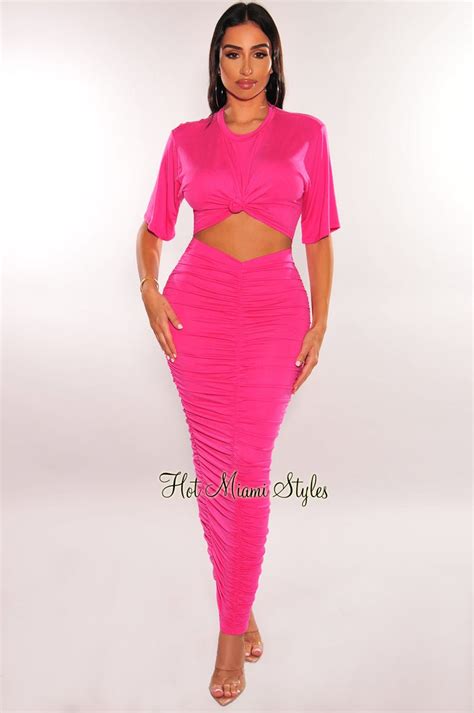 Hot Pink Short Sleeve Cut Out Ruched Maxi Dress Hot Miami Styles