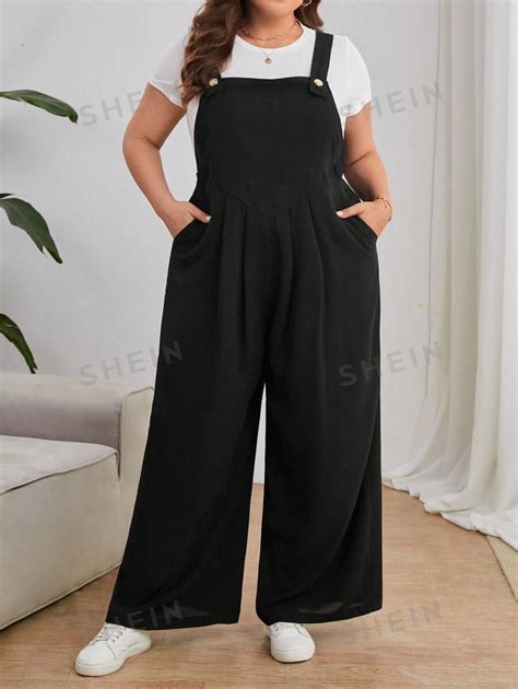 SHEIN Essnce Plus Solid Wide Leg Overall Jumpsuit Without Tee SHEIN USA