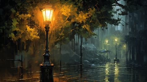 Premium AI Image | a painting of a street light in the rain