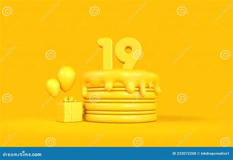 Happy 19th Birthday Celebration Cake with Present and Balloons. 3D Rendering Stock Illustration ...