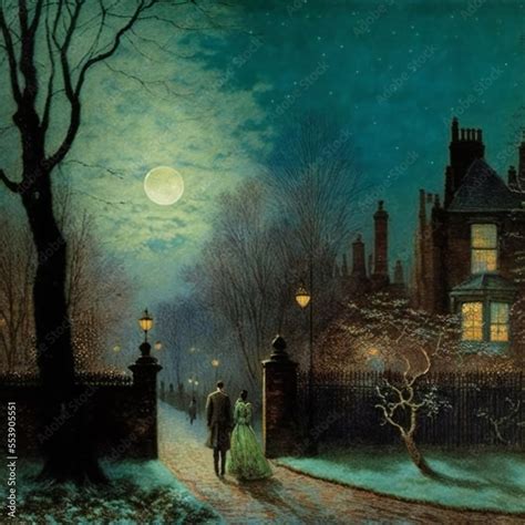 Digital Painting of a Victorian Couple on a Stroll on a Foggy Moonlit ...