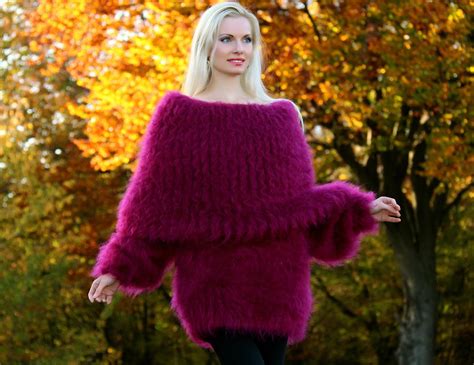 Hand Knitted Cowl Neck Mohair Sweater In Purple Supertanya