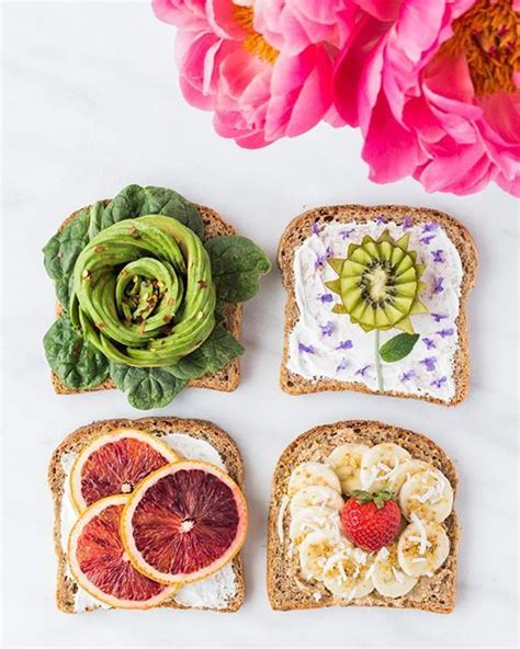 Three Slices Of Bread With Fruit And Vegetables On Them Next To A Pink