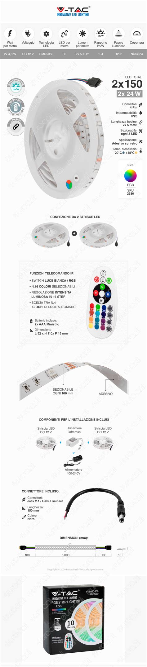 Kit Con Striscia Led Vt Multicolore Rgb M V Tac