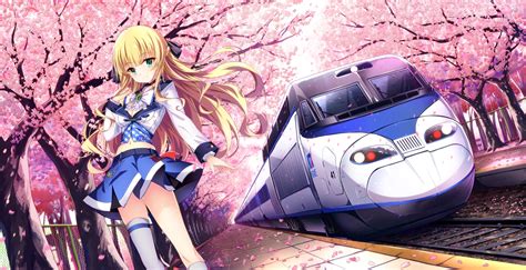 Blonde Hair Bow Breasts Cherry Blossoms Flowers Green Eyes Jianren Long