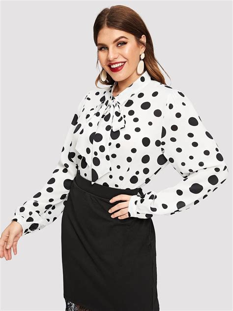 Plus Size Black Polka Dots On White Tie Neck Blouse Free Ship Tie