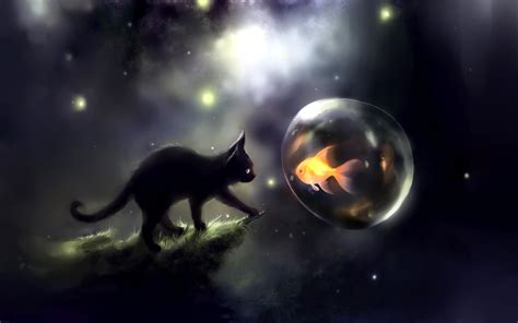 Cat Fantasy Art Night Planet Space Artwork Glowing Earth Fish