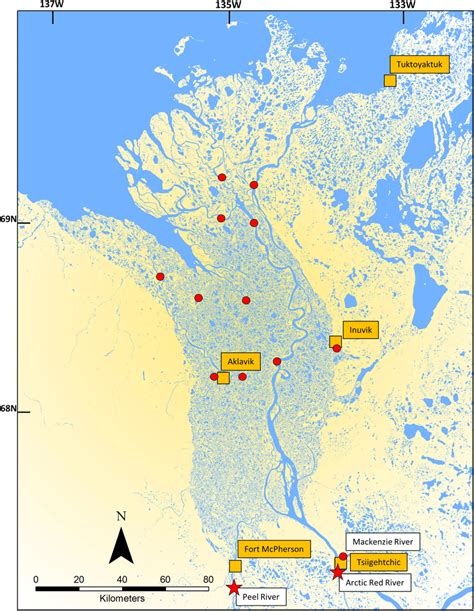 Map of the Mackenzie River Delta, northwestern Canadian Arctic, showing ...