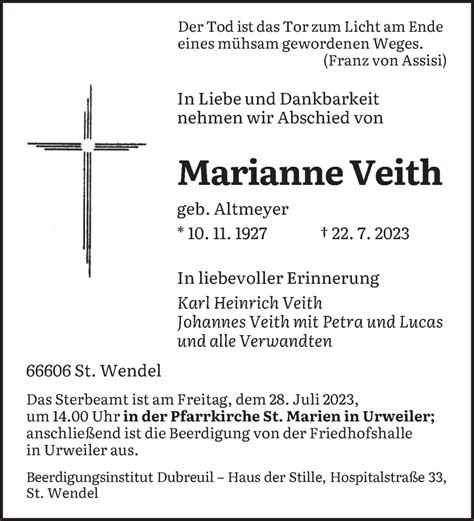 Traueranzeigen Von Marianne Veith Saarbruecker Zeitung Trauer De