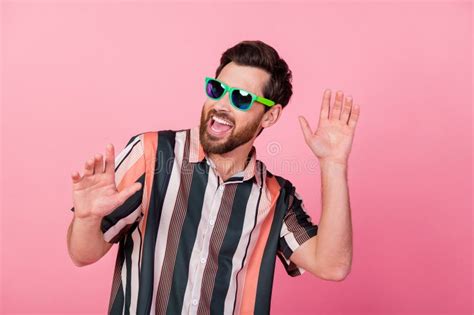 Photo Of Funky Attractive Handsome Bearded Brunet Man Dancing In Striped Summer Shirt Hands Wear