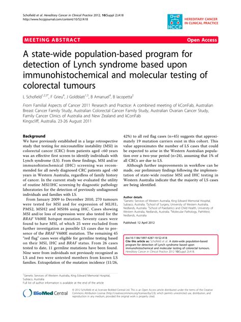 Pdf A State Wide Population Based Program For Detection Of Lynch