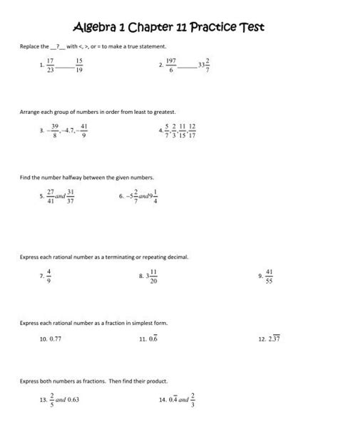 Algebra 1 Chapter 11 Practice Test Worksheets Library