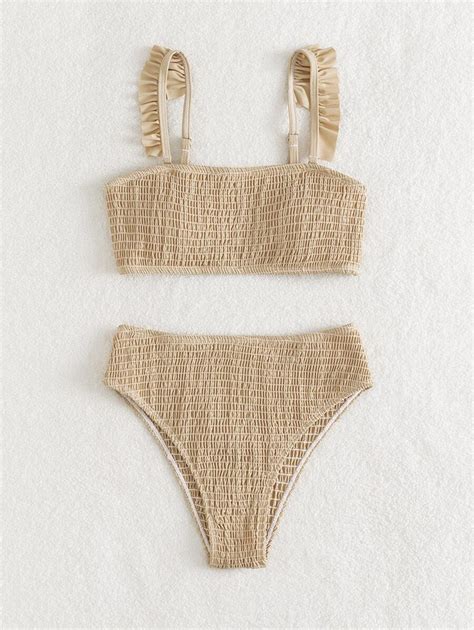 SHEIN Swim Summer Beach Solid Bikini Set Smocked Frill Trim Bra High Waisted Bottom Piece