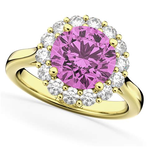 Halo Round Pink Sapphire & Diamond Engagement Ring 14K Yellow Gold 4 ...