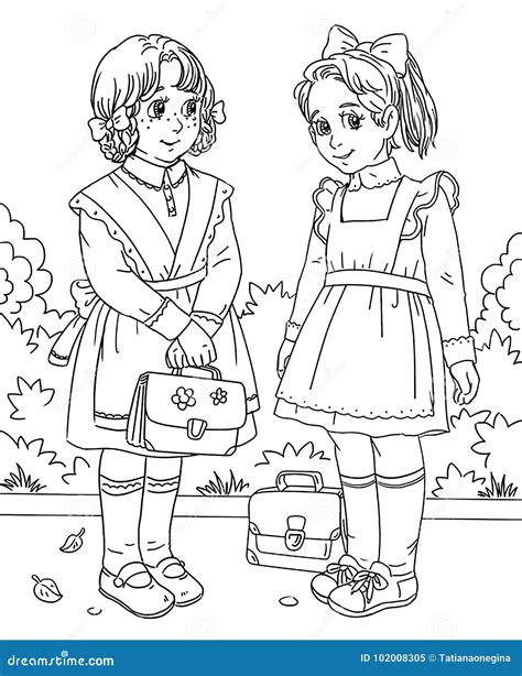 Coloring Page with Two Little School Girls Stock Illustration ...