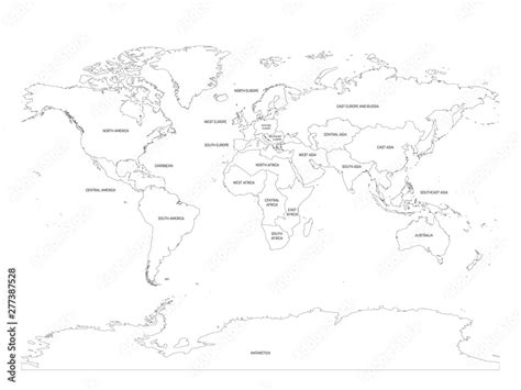 Map of World divided into regions. Thin black outline map. Simple flat ...