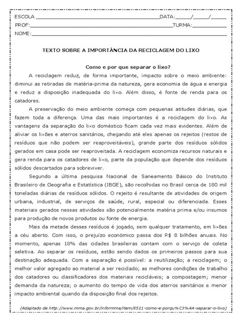 Texto E Aticidade Rrecoclagem - Atividade de Português Compreensão de Texto Reciclagem Do Lixo | PDF ...