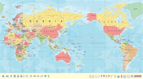 World Map Pacific View Asia China Center Political Topographic Vector Detailed