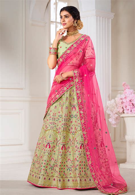 Pista Green Silk Embroidered Lehenga Choli 1104