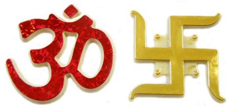 Pair Of Red Acrylic Om And Golden Swastik Auspicious Hindu Symbols