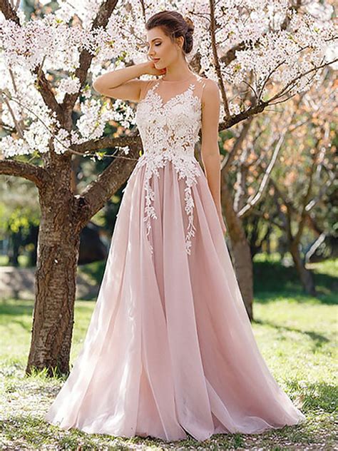 Light Pink Lace Applique Tulle Long Prom Dress Pink Lace Applique For