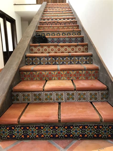 Talavera Tile Stair Risers With Saltillo Tile Treads Pre Grout