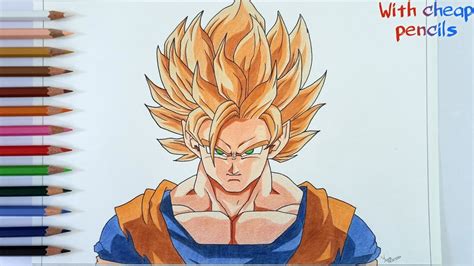 How To Draw Goku Super Saiyan Step By Step Tutorial With Cheap Colour Pencils Dragon Ball