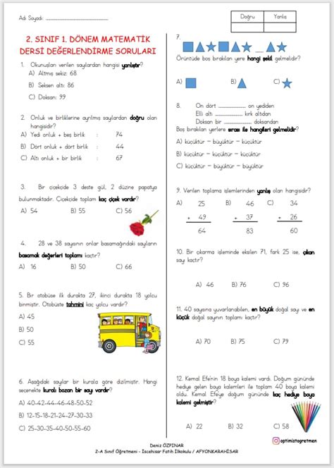 2 Sınıf Matematik Deneme Sınavı 1 etkinlikhane Matematik 2