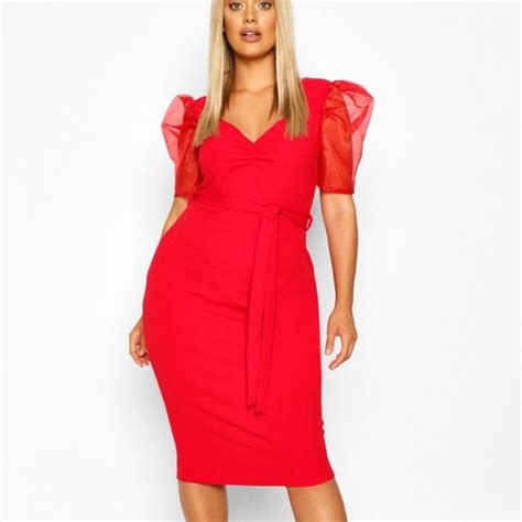 Boohoo Dresses Boohoo Plus Size Organza Puff Sleeve Midi Dress In