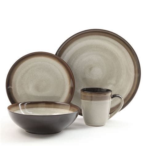 Gibson Couture Bands 16 Piece Dinnerware Set Cream With Brown Rim