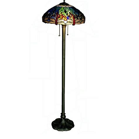 Warehouse Of Tiffany 62 In Brass Dragonfly Stained Glass Floor Lamp With Pull Chain Switch