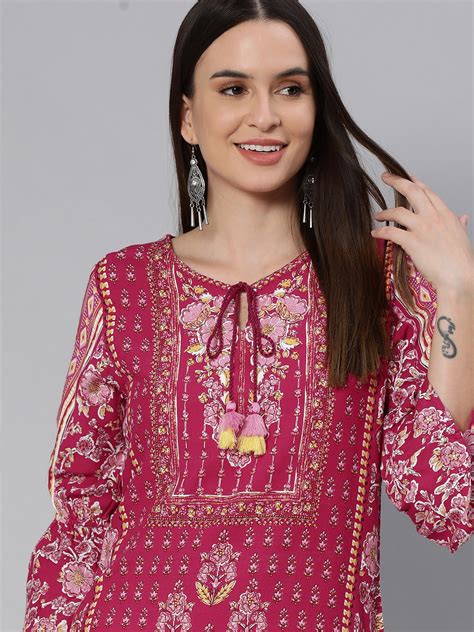 Buy Global Desi Women Red And Pink Floral Print Tie Up Neck Top Tops