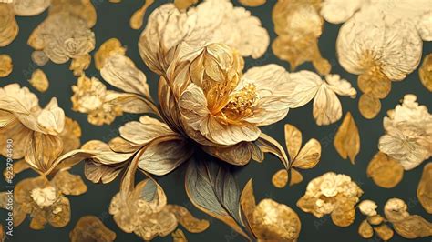 Golden floral background, gold flowers, 4k abstract vintage flower design, mural art, gold ...