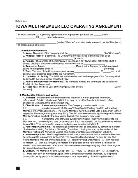 Free Iowa Multi Member LLC Operating Agreement PDF Word