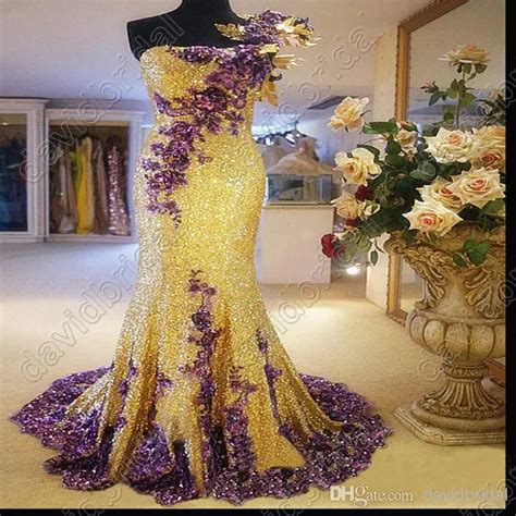 2016 Gold Sequins Purple Applique One Shoulder Mermaid Sexy Evening