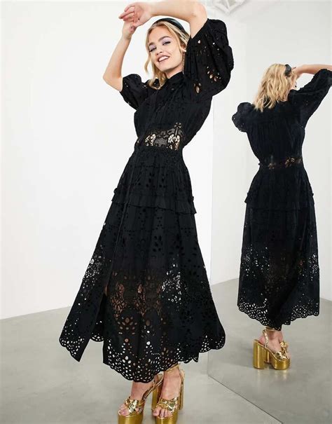 Asos Edition Waisted Broderie Midi Shirt Dress With Puff Sleeve In