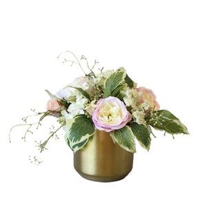 Greenery Leaves With Roses Floral Arrangement In Gold Metal Vase Etsy