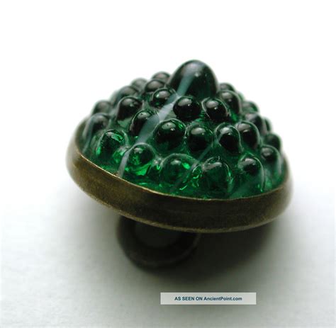 Antique Glass In Metal Button Green Berry Mold In A Brass Back Circa