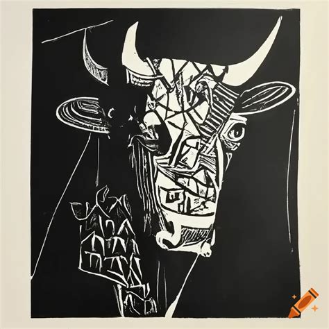 Black And White Linocut Of A Picasso Bull On Craiyon