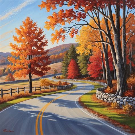 Painting Of A Country Road With House And Trees In The Fall Generative ...