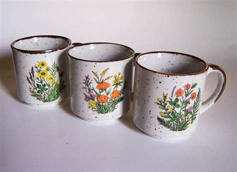 Vintage Takahashi Flower Coffee Mugs Japanese Stoneware Mugs Set Of