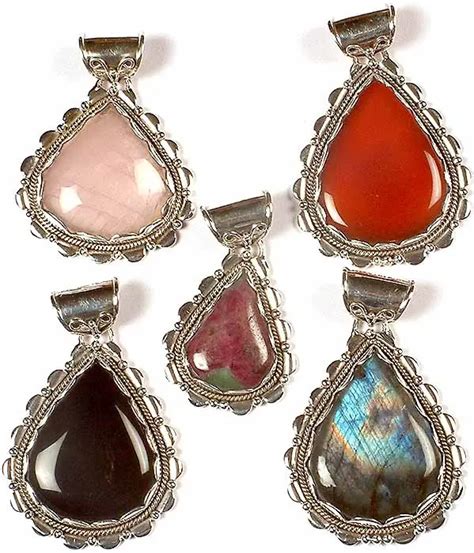 Lot Of Five Gemstone Tear Drop Pendants Rose Quartz Carnelian Ruby