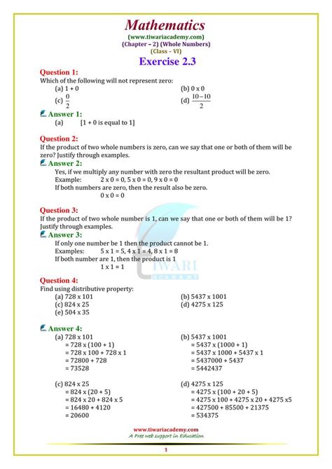 Maths Worksheet For Class 6 With Answers