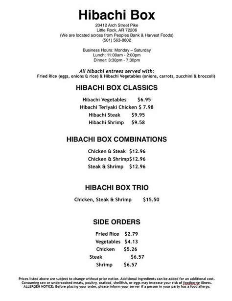 Menu at Hibachi Box restaurant, East End