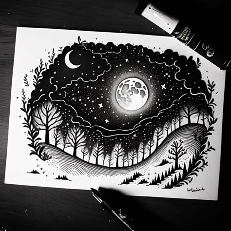 Un Dibujo De Una Escena Nocturna Con Luna Llena Y Rboles Ai Generativo