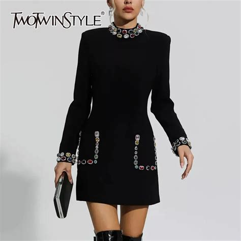 Twotwinstyle Solid Patchwork Diamonds Temperament Dress For Women Round